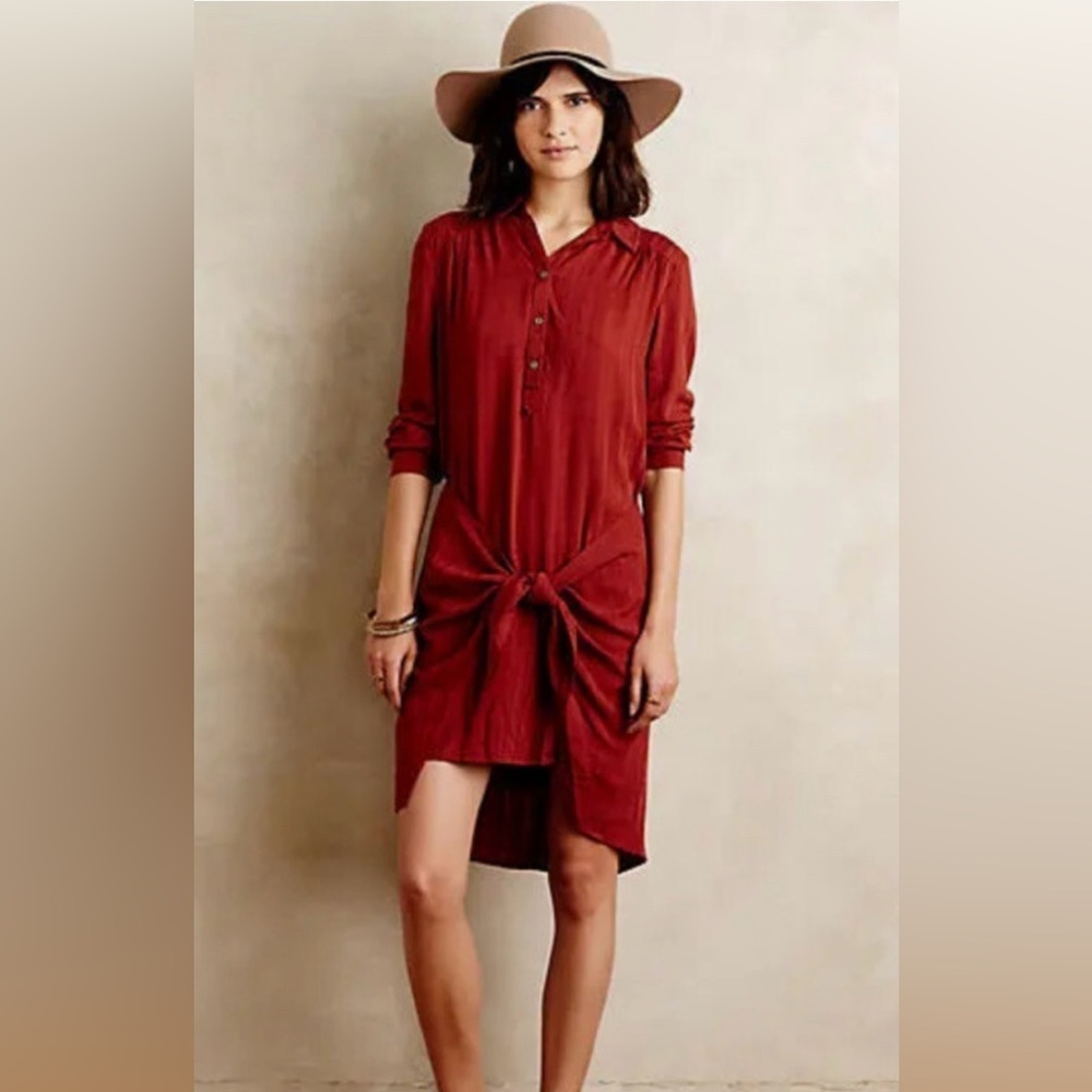 Maeve from Anthropologie Bloomsbury Tie Shirt Dress Women's 4 Rust Terra Cotta